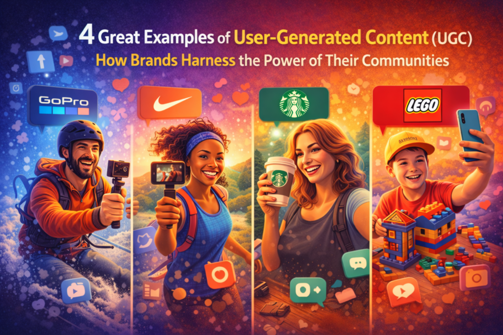 4 great examples of user-generated content (UGC) showing how brands like GoPro, Nike, Starbucks, and Lego use community content for marketing