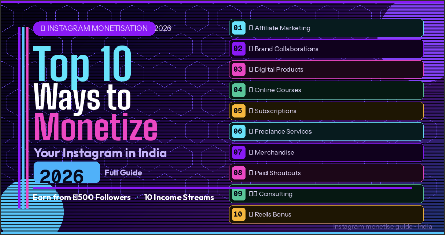 Top 10 Ways to Monetize Your Instagram in India 2026 – 10 income methods including Affiliate Marketing, Brand Deals, Digital Products, Courses and more