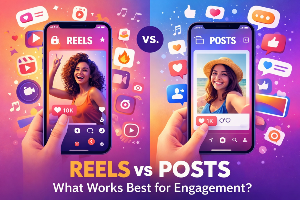 reels vs posts comparison showing social media engagement with video content and static posts on mobile screens