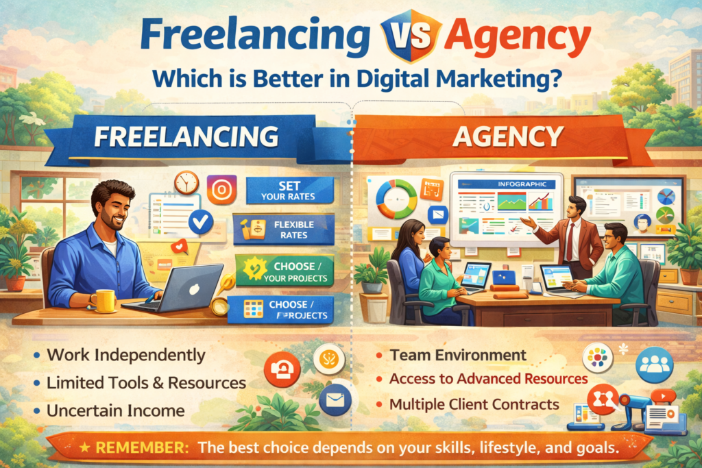 Infographic comparing freelancing and agency work in digital marketing, showing differences in independence, income stability, teamwork, and access to resources.