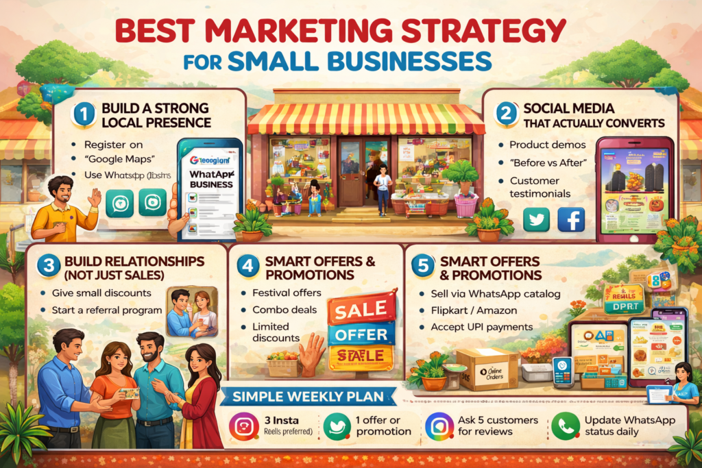 Infographic showing key marketing strategies for small businesses, including local presence, social media, offers, online sales, and customer engagement.