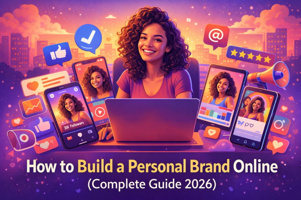 “Woman building personal brand using social media platforms, engagement icons and digital marketing tools”