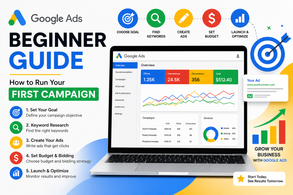 Google Ads for beginners guide showing laptop with ad campaign dashboard, keyword research, budget setup, and performance tracking charts.