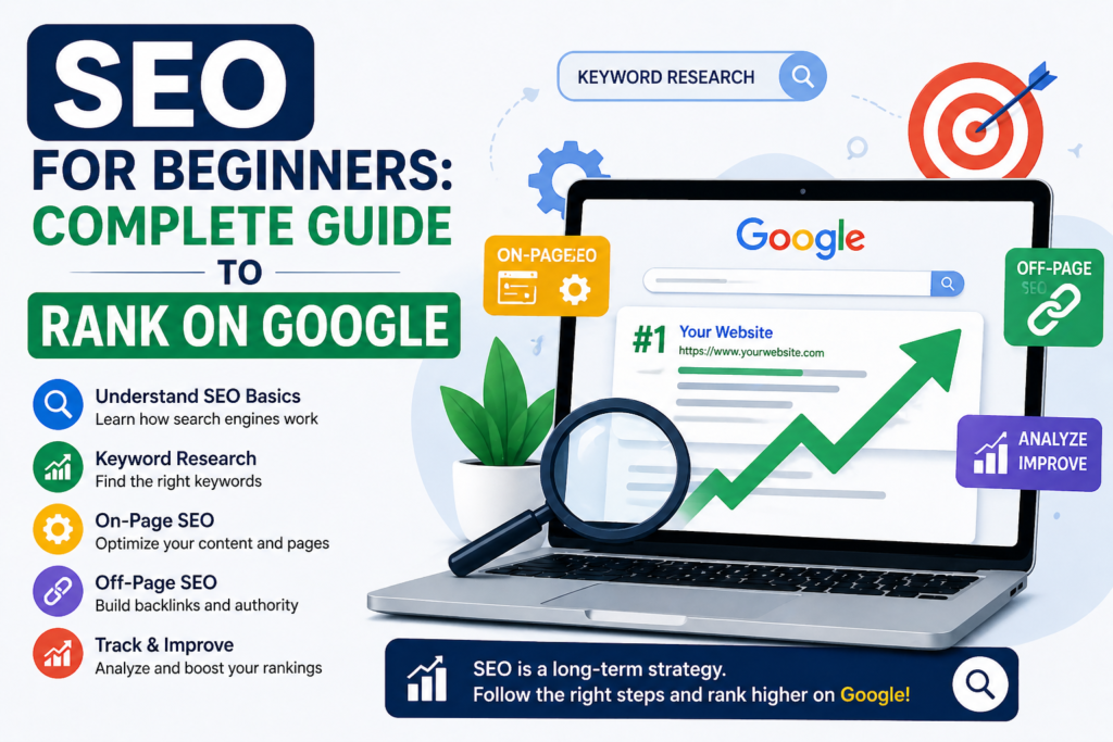SEO for beginners guide showing laptop with Google search results, keyword research, on-page and off-page SEO icons, and ranking growth chart.