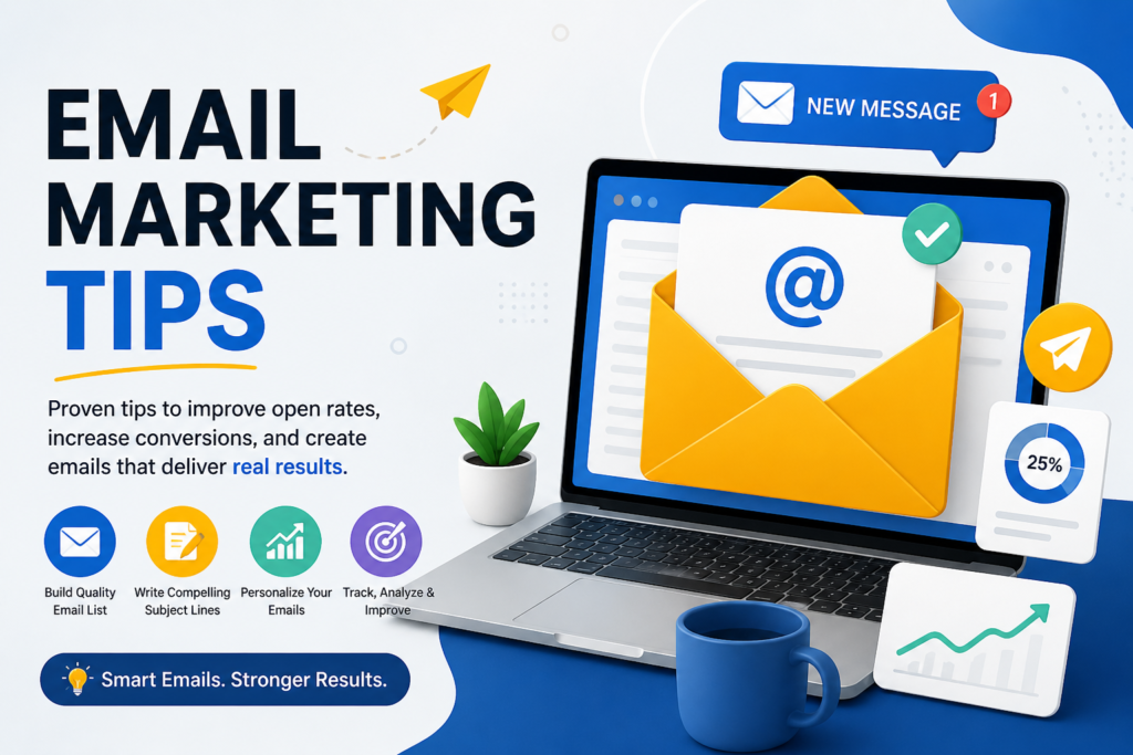 Email marketing tips banner showing laptop with envelope icon, analytics charts, and icons for email list building, subject lines, personalization, and performance tracking.