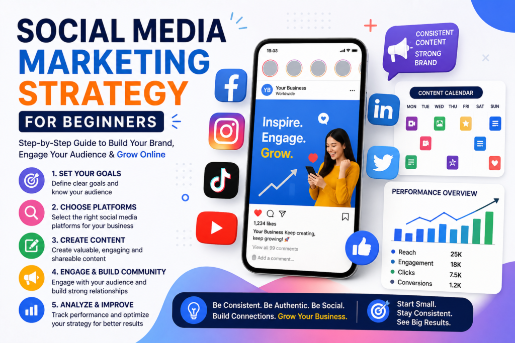 Social media marketing strategy for beginners showing smartphone with social apps, content planning, engagement, and performance analytics.